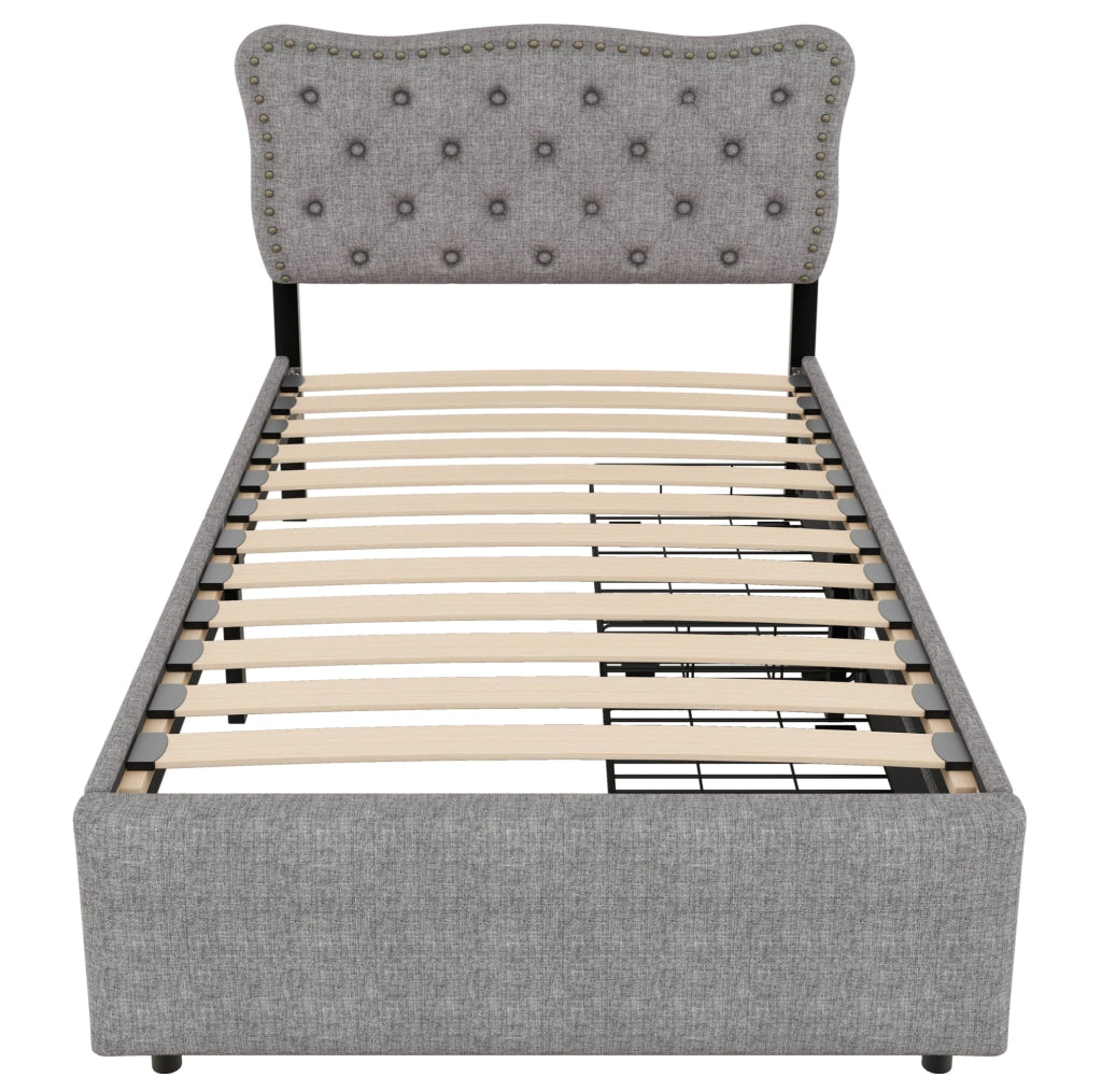 LETTO imbottito 90x200 cm con 2 cassetti in MDF e lino grigio