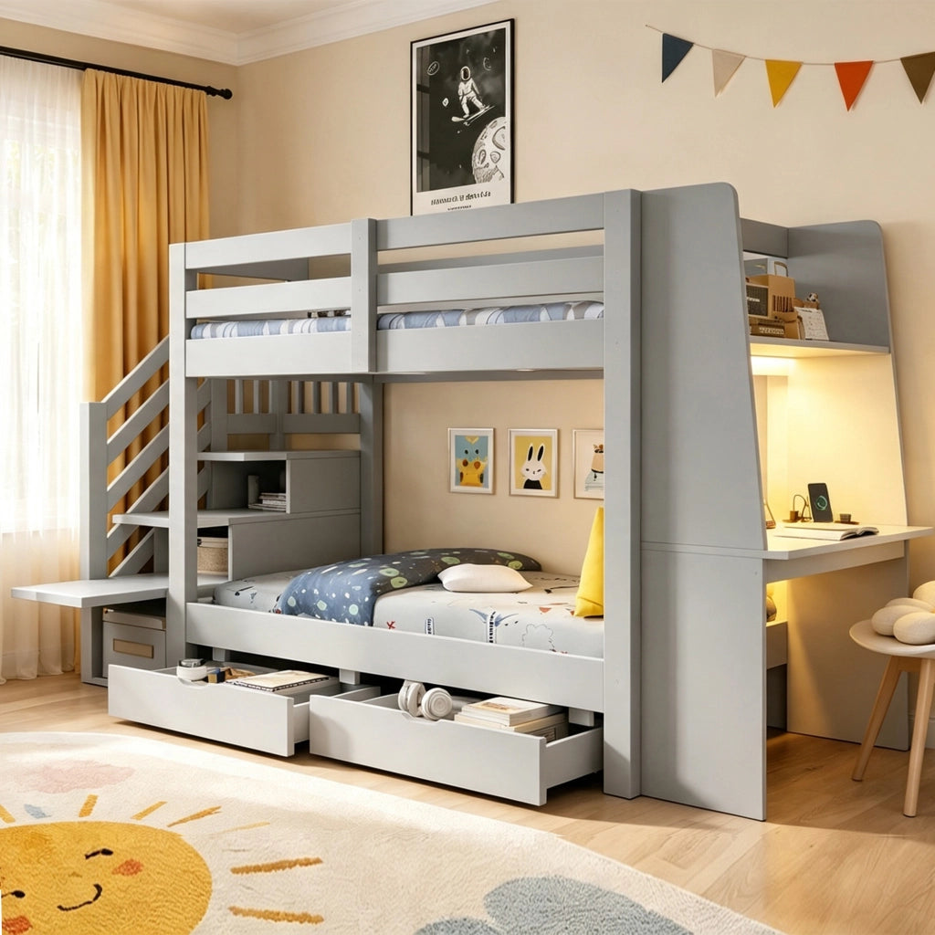 Letto a castello per bambini 90 x 200 cm con scrivania; libreria e LED; legno grigio