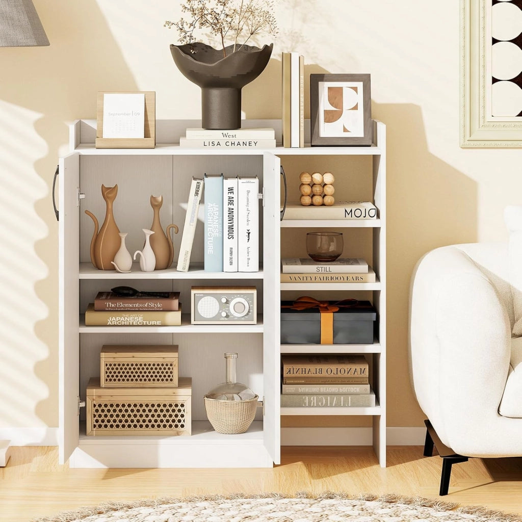 Armadio Porta Scarpe, Scarpiera con Ripiani Regolabili a 3 Posizioni, Mobiletto Multifunzionale a 2 Ante con 5 Scomparti Aperti, per Ingresso, Corridoio, Soggiorno, 83 x 31 x 91 cm (Bianco)