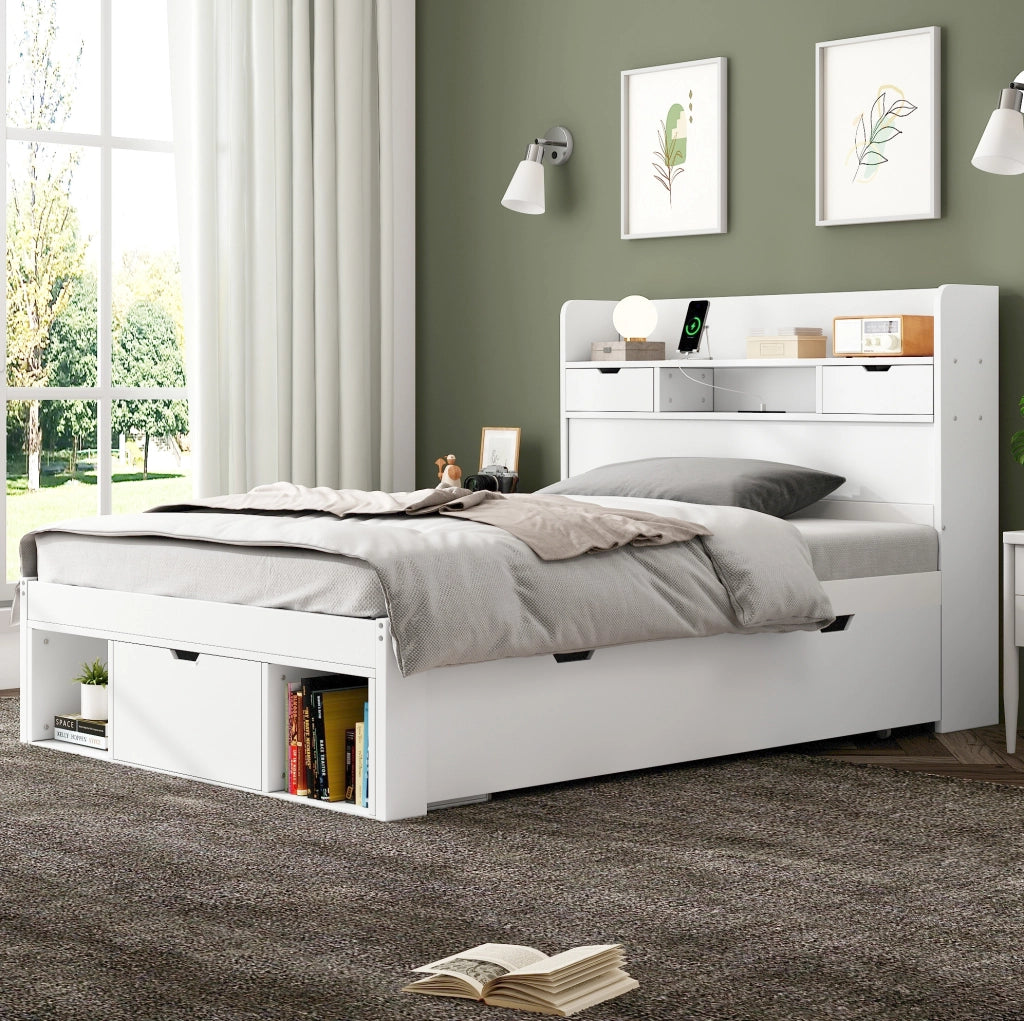 Letto singolo 90x200 cm con USB; Type-C; cassetti e vani contenitore; bianco
