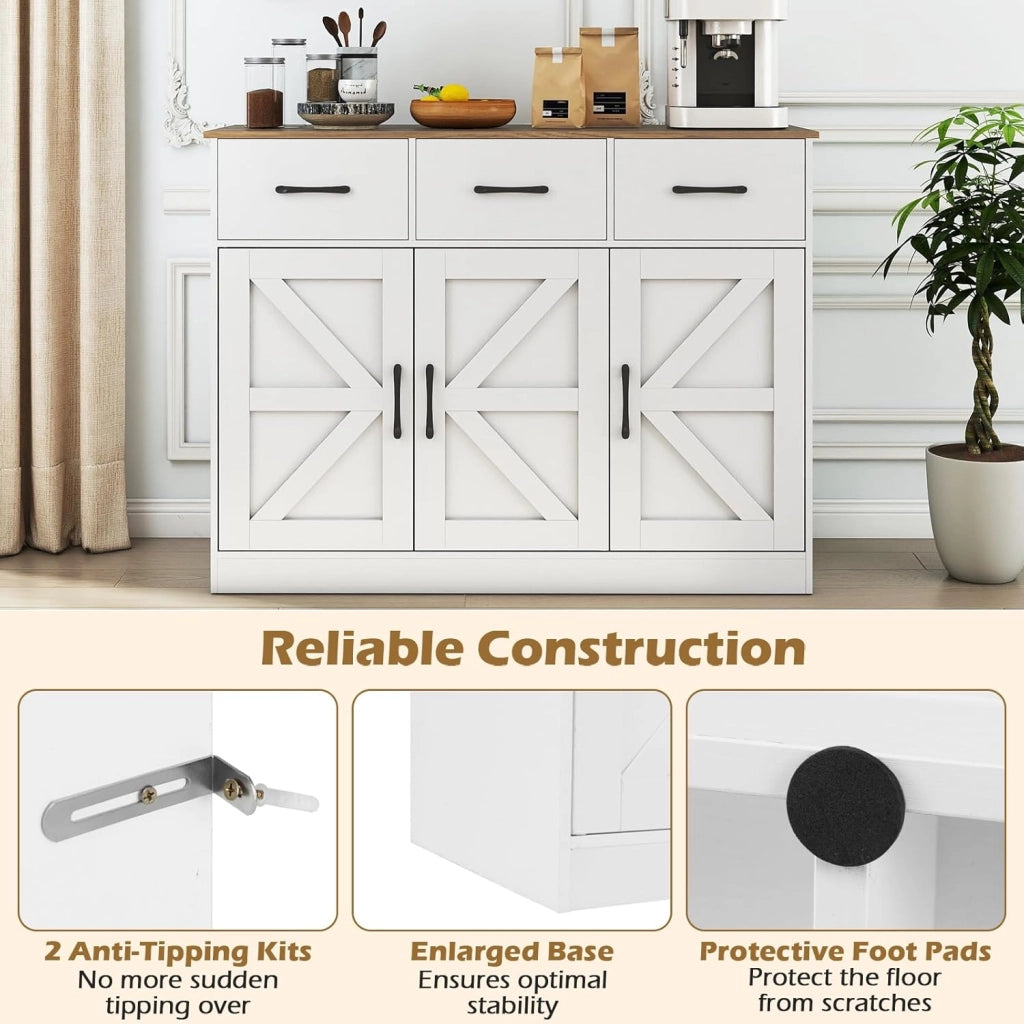 Credenza da Cucina con Ripiano Regolabile, Mobiletto Multiuso con Ante e 3 Cassetti, Mobile Buffet con Kit Antiribaltamento, per Soggiorno, Sala da Pranzo, 108x38x81cm(In 2 Pacchi) (Bianco)