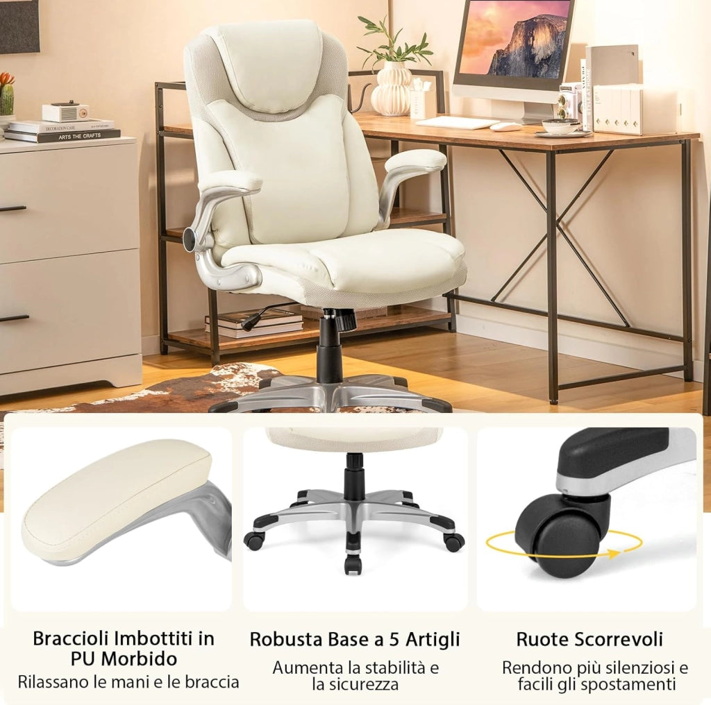 Sedia da Ufficio Girevole, Sedia da Scrivania in Ecopelle con Funzione Dondolo e Altezza Regolabile, Sedia con Ruote per Ufficio e Studio, Carico Massimo 160 kg