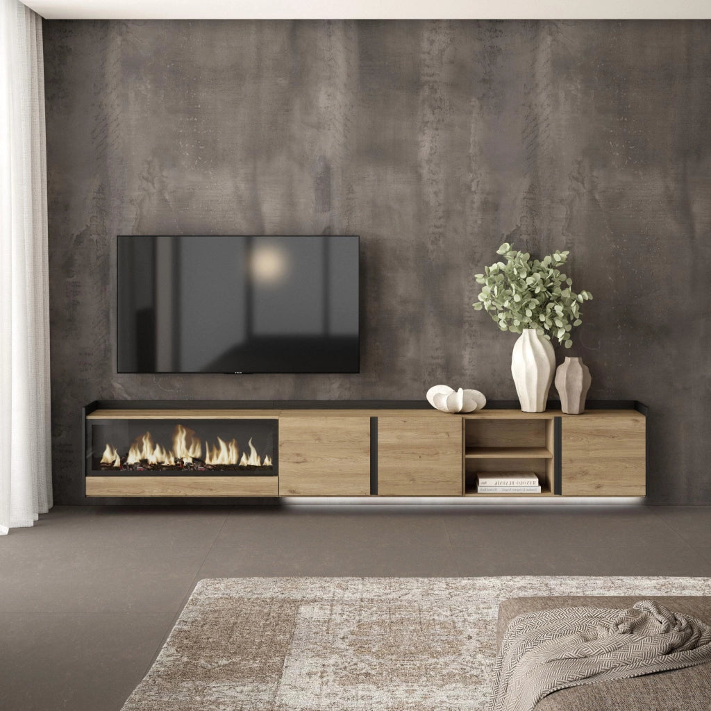 Mobile TV Soggiorno, 315x50x35 cm, Per TV fino a 80", Camino elettrico XXL, Sospeso, da appendere, LED, Rovere e nero