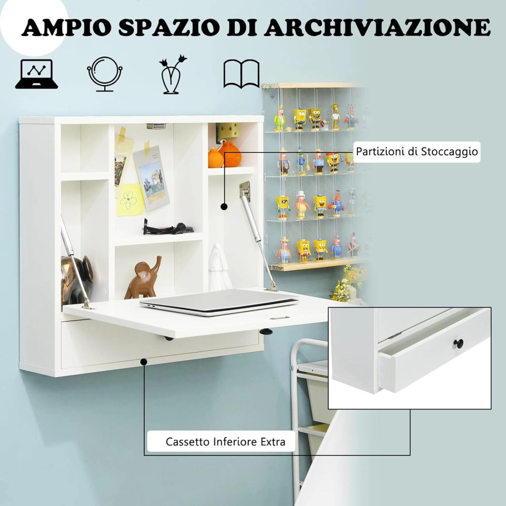 Scrivania Pieghevole a Muro, Tavolo da Parete con Ripiani e Cassetto e Piano Ribaltabile, Scrivania a Ribalta da Parete Multiuso da Studio Camera da Letto e Soggiorno (Bianco)