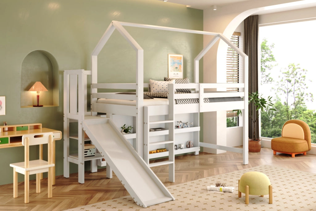 Letto singolo per bambini 90x200 cm con scivolo, scale, armadi e ripiani bianco