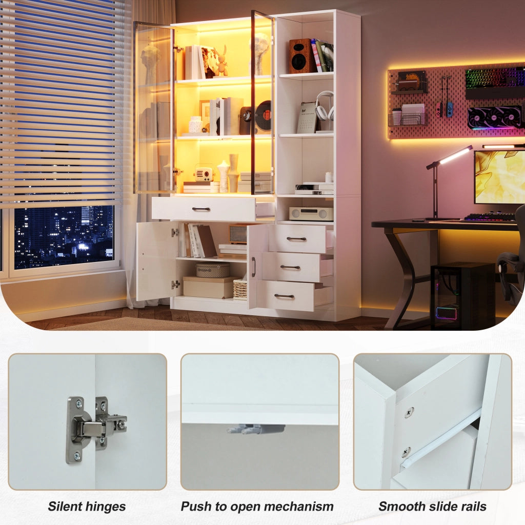 Libreria alta con vetrina in vetro e LED, 4 cassetti e 13 vani, per soggiorno e ufficio, bianco, 120 × 35 × 200 cm