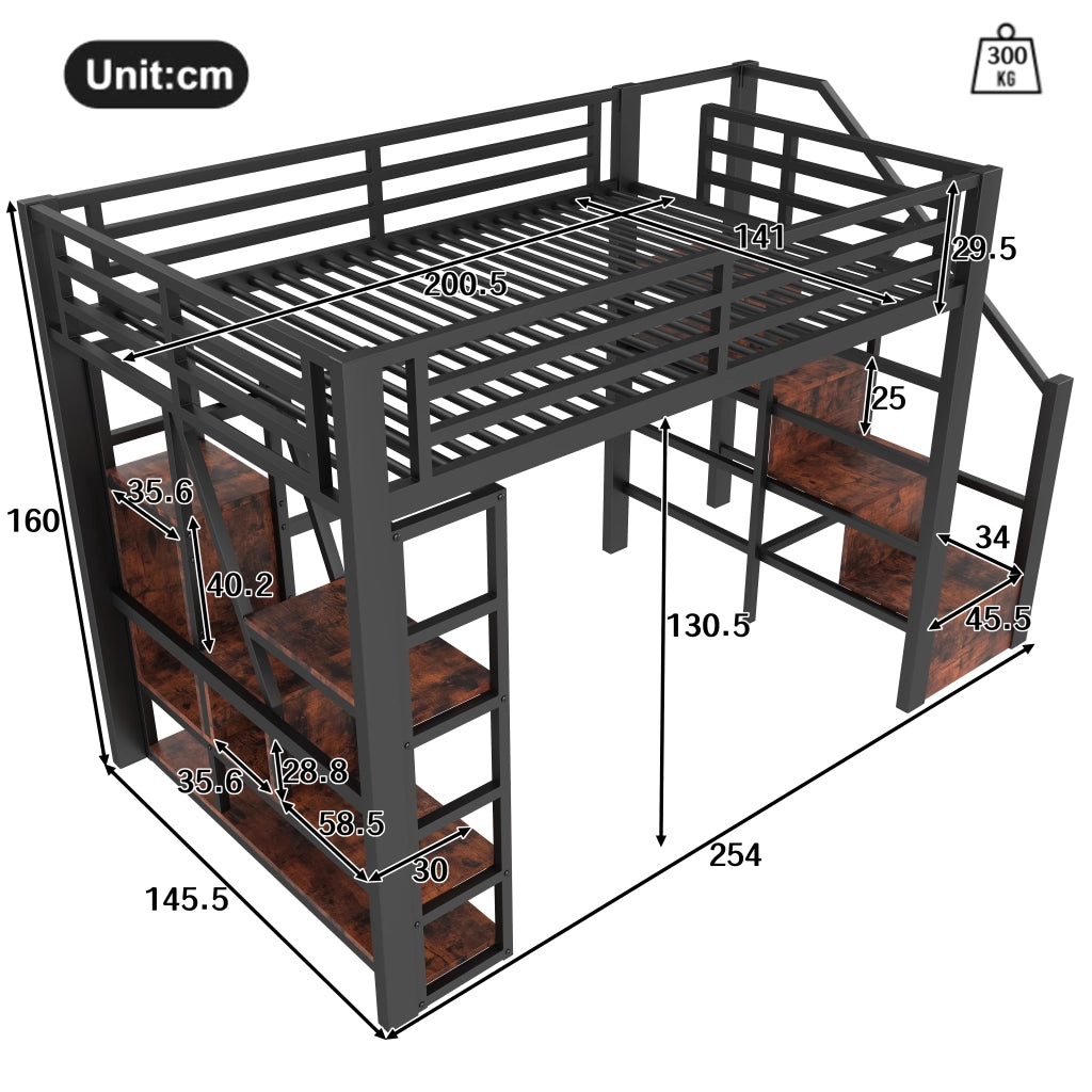 DESMIU Letto a Soppalco Letto Matrimoniale con LED, Scala Contenitore e Ripiani, 140 × 200 cm, Senza Materasso, Nero