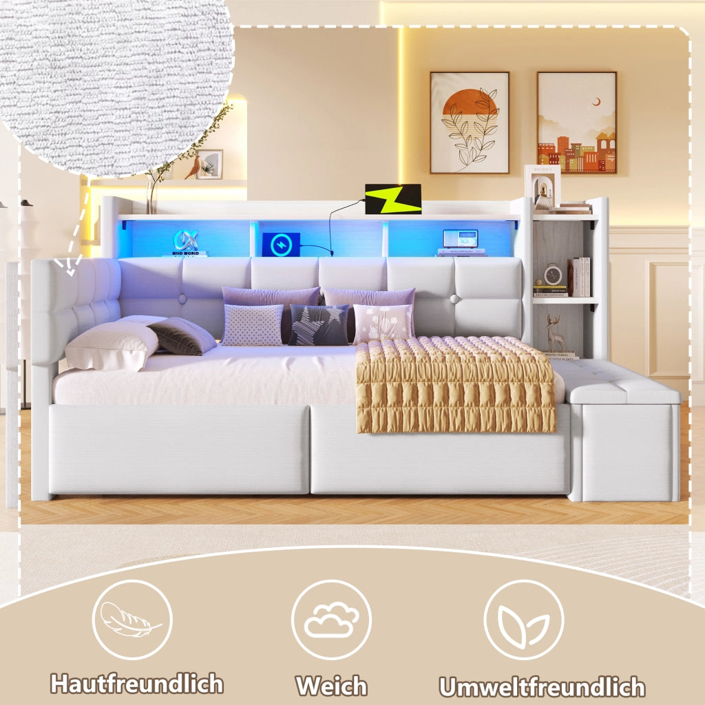 OKWISH Letto Divano 90×190 cm, Letto Singolo con 2 Cassetti, USB, Type-C, Mensola e LED Regolabile, senza Materasso, in Velluto, Bianco