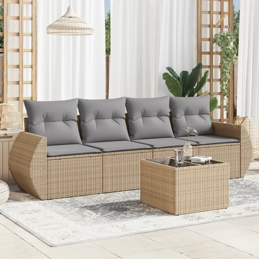 Set Divano da Giardino 5 pz con Cuscini Beige in Polyrattan