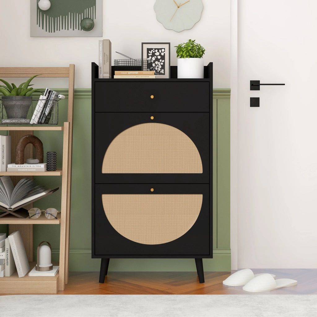 Scarpiera con 2 ante e 1 cassetto con doppio ripiano per ingresso in pannello truciolare nera 60 × 53,8 × 106,7 cm