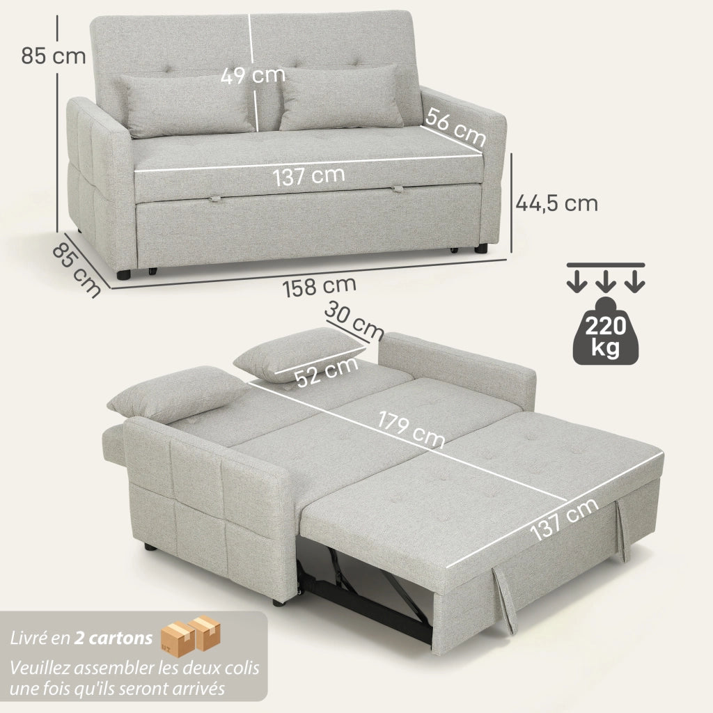 Divano letto 2 posti 3 in 1 ¨C zephmum ¨C 158x85x85 cm marrone chiaro