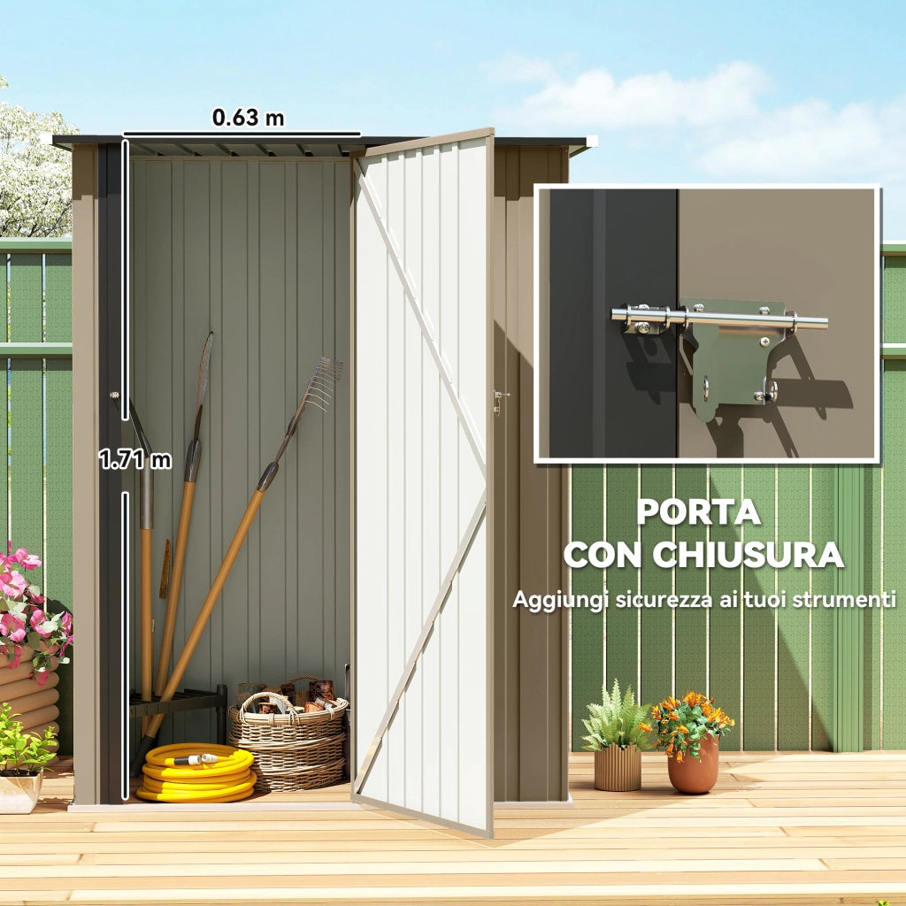 Capanno Porta Attrezzi 142x86x189 cm con Tetto Inclinato e Porta Bloccabile in Metallo Marrone