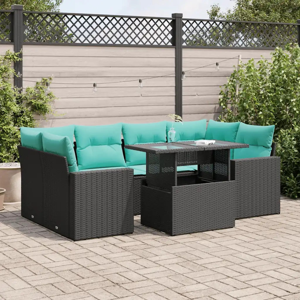 Set Divani da Giardino con Cuscini 7pz Nero Polyrattan Acacia
