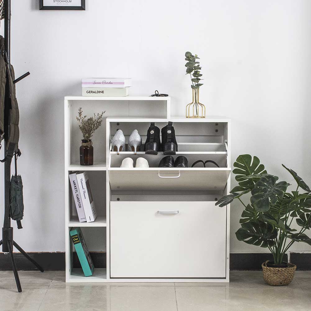 Scarpiera 2 Ante Doppia Profondita + Scaffale Libreria 4 Ripiani Bianco 80x24x90