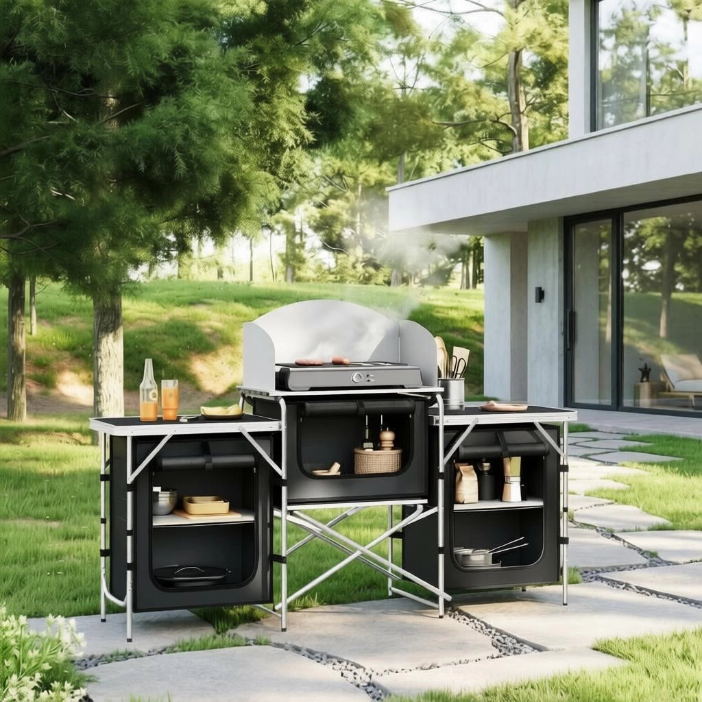 CUCINA DA CAMPEGGIO Pieghevole 174x48x112 cm Nero in Alluminio e MDF