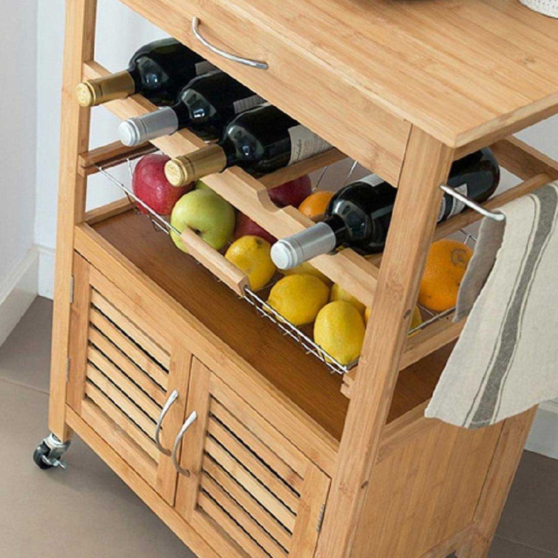 Carrello Cucina in legno BAMBU con Portabottiglie Cassetto Posate Cesto Acciaio