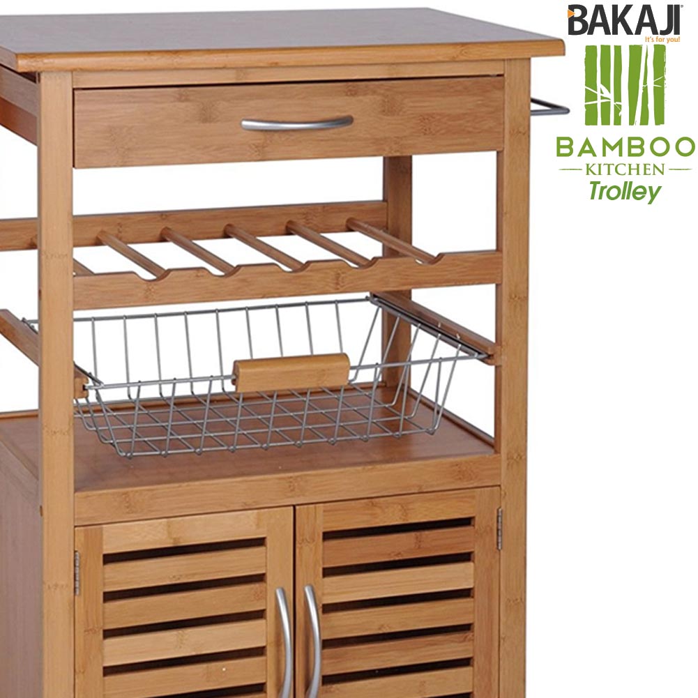 Carrello Cucina in legno BAMBU con Portabottiglie Cassetto Posate Cesto Acciaio