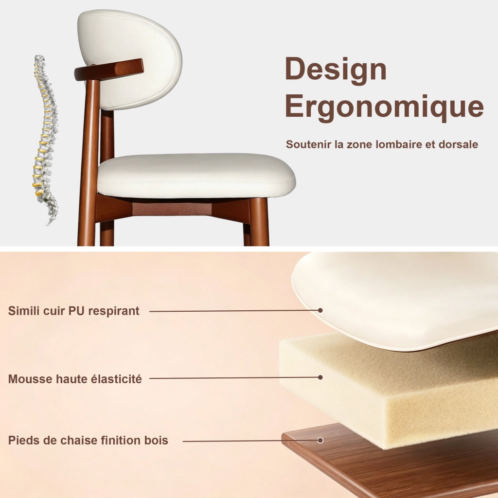 SEDIA Set da 2 pezzi con schienale ergonomico in PU bianco e legno di quercia color noce