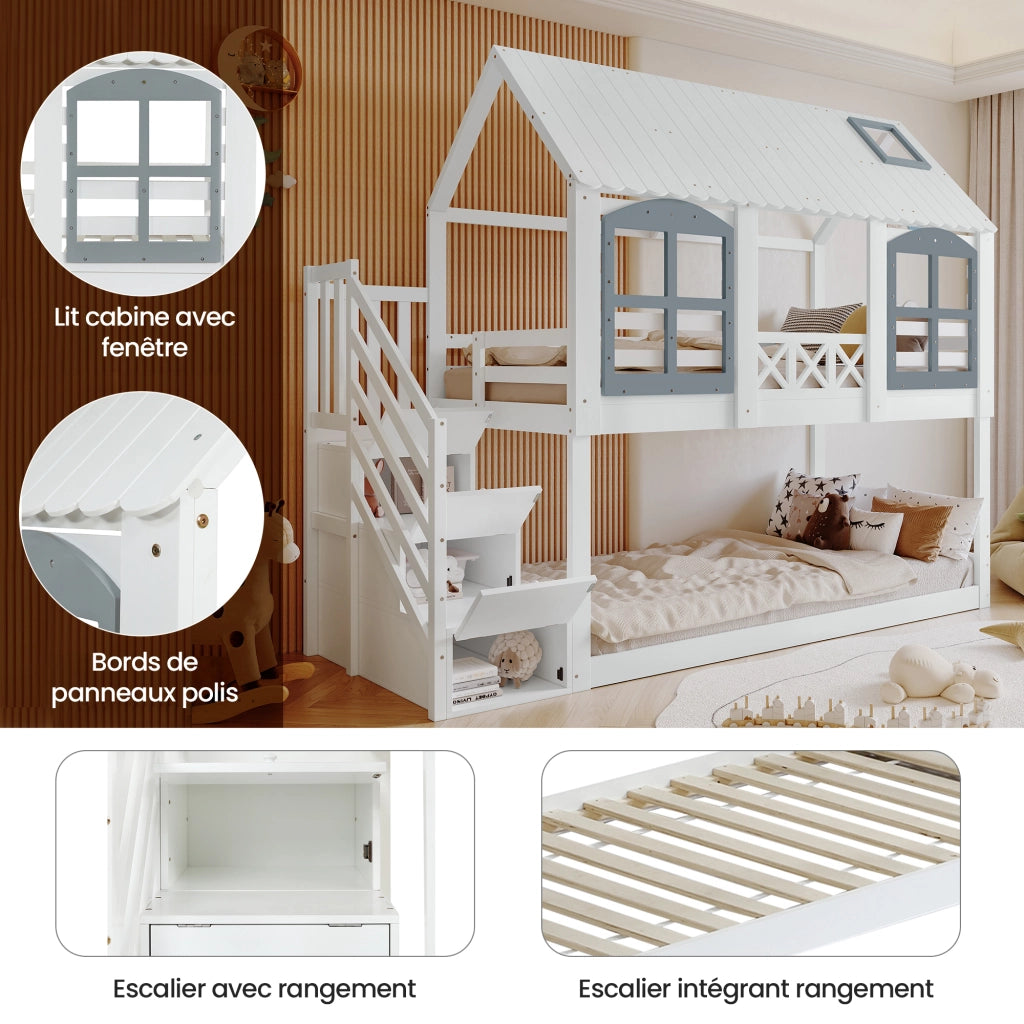 Letto a Castello 90x200 cm con Tetto; Finestre e Scala con 3 Scomparti in Legno e MDF