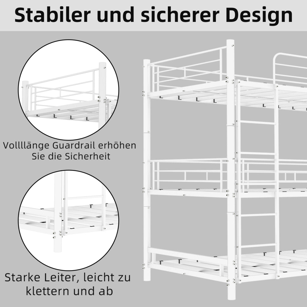 Letto a castello a 3 piani in metallo con scala e parapetti, 90x190 cm