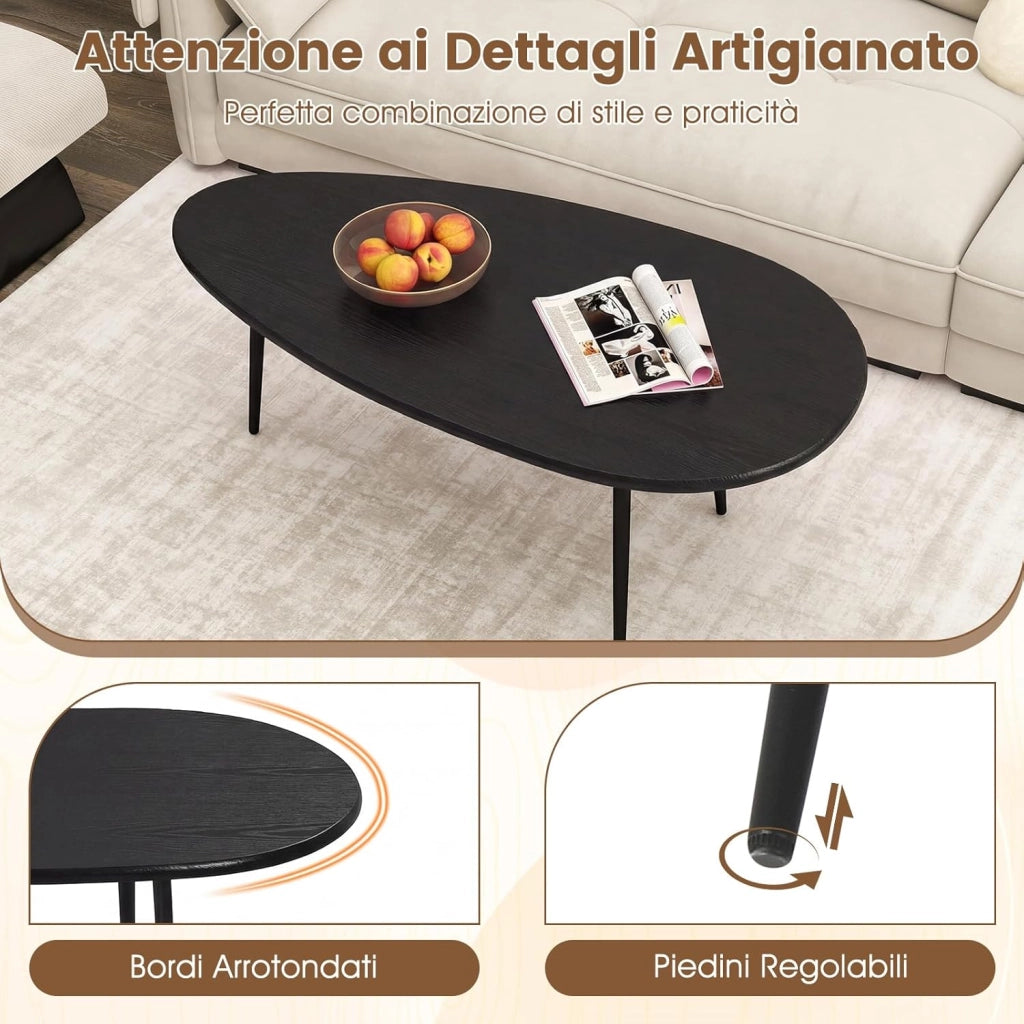 Tavolino da Salotto Ovale, Tavolino da Caffè con Struttura Metallica Robusta e Design Compatto, Tavolo Basso per Soggiorno, Ufficio e Lounge (Nero)