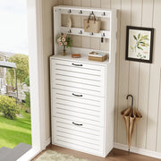 Mobile Scarpiera con 3 Ripiani e 8 Ganci; Porta Borse e Cappelli; Stile Minimalista; in Pannello di Truciolare; Bianco; 70×25×165 cm