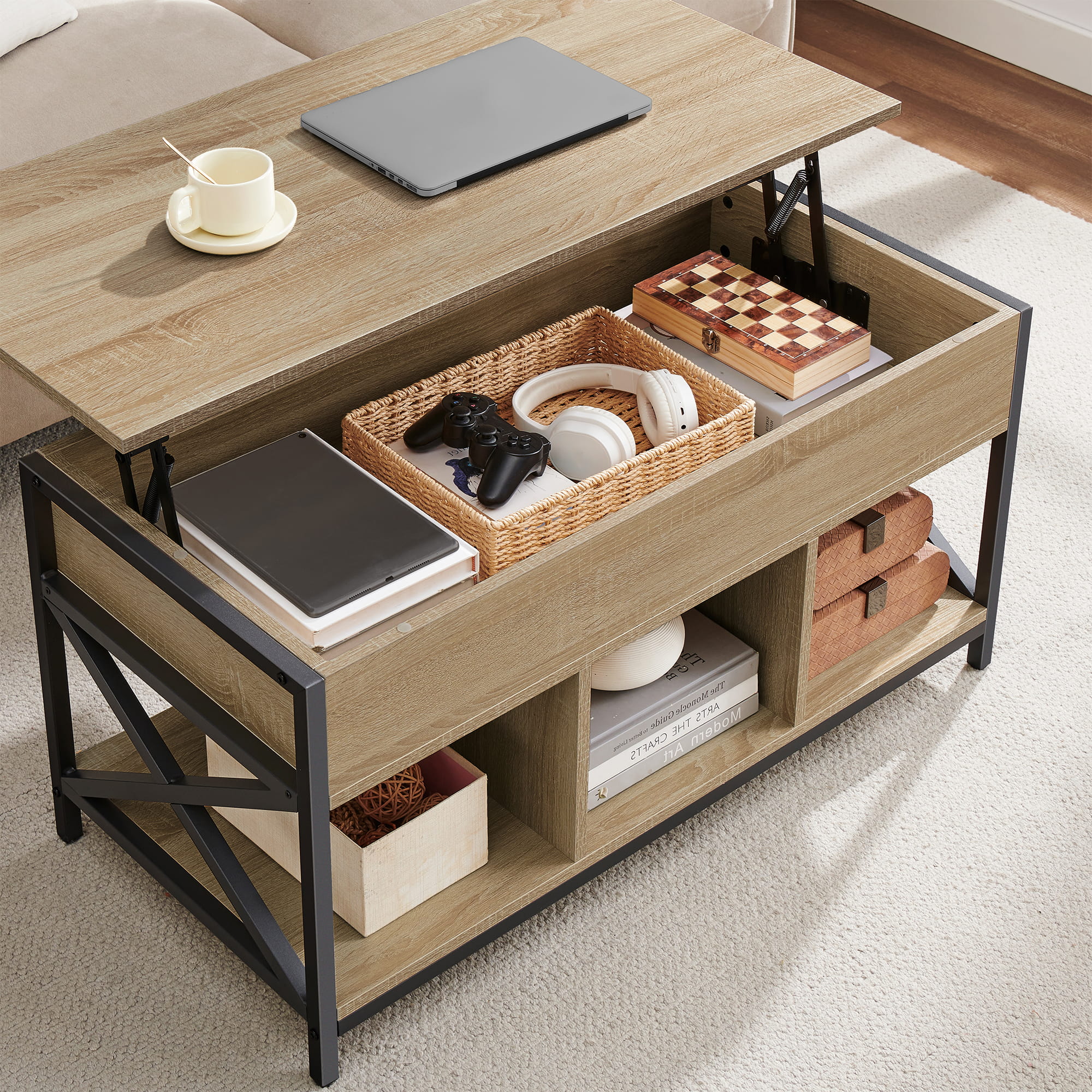 Tavolino da caffè Valora - Rovere Sonoma con piano estensibile e contenitore