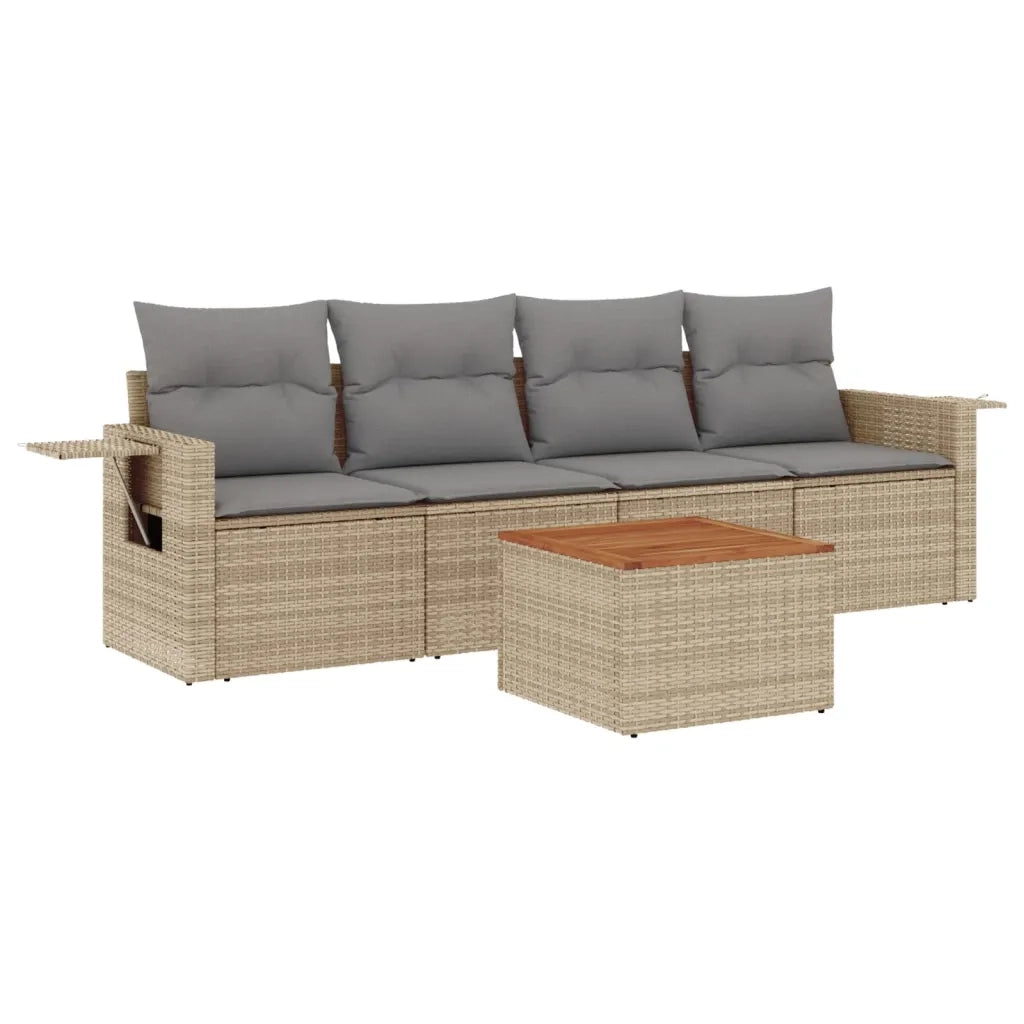 Set Divano da Giardino 5 pz con Cuscini Beige in Polyrattan