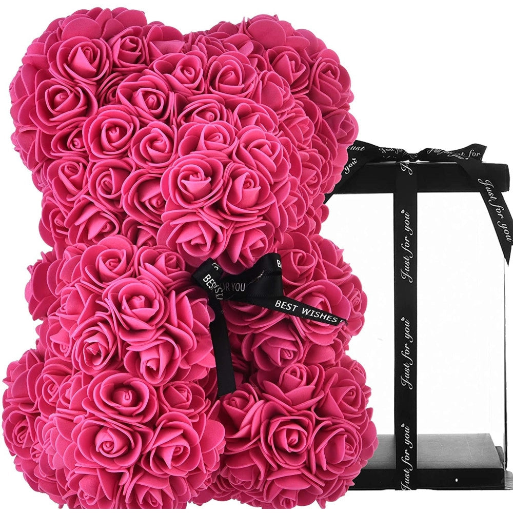 Trade Shop - Orsacchiotto Di Rose Con Fiori Artificiali Da 40cm In Scatola Confezione Regalo - Rosa