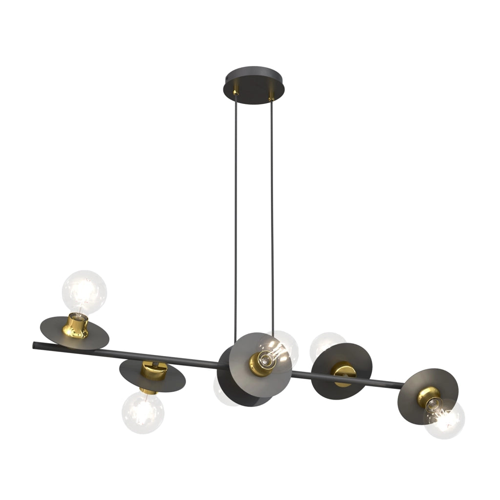 Lampadario 6 Luci Djehuty Acciaio Nero E Oro Con Barra E Diffusori A Piatti