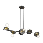 Lampadario 6 Luci Djehuty Acciaio Nero E Oro Con Barra E Diffusori A Piatti