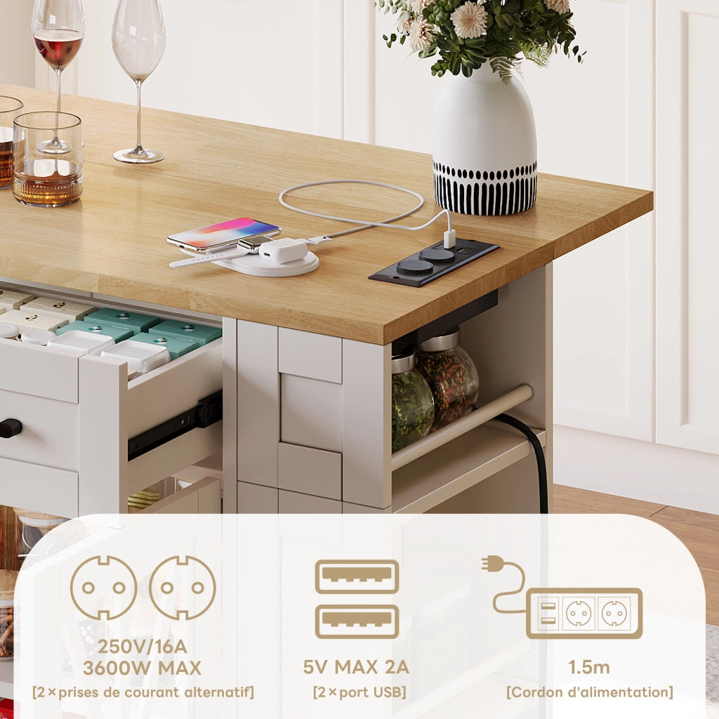 Carrello da Cucina con 2 Ante in Vetro; 1 Cassetto; 6 Ripiani Aperti; Prese e USB; Piano Pieghevole; MDF; 120 x 40 x 92 cm
