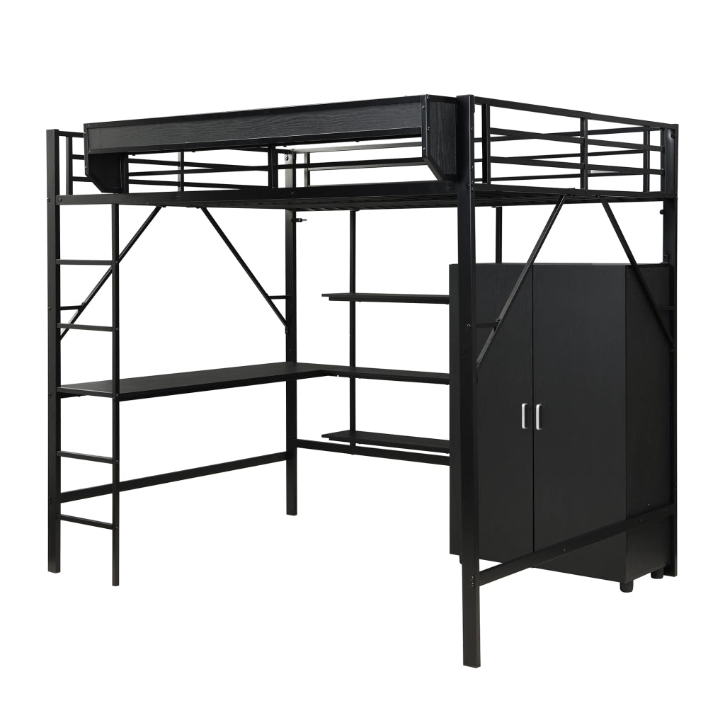 Letto a Soppalco 140 x 200 cm con Scrivania; Armadio e Mensola - Metallo e MDF - Nero