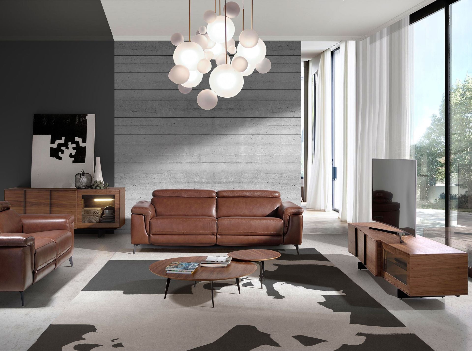 Mobile TV in noce e acciaio nero con illuminazione interna