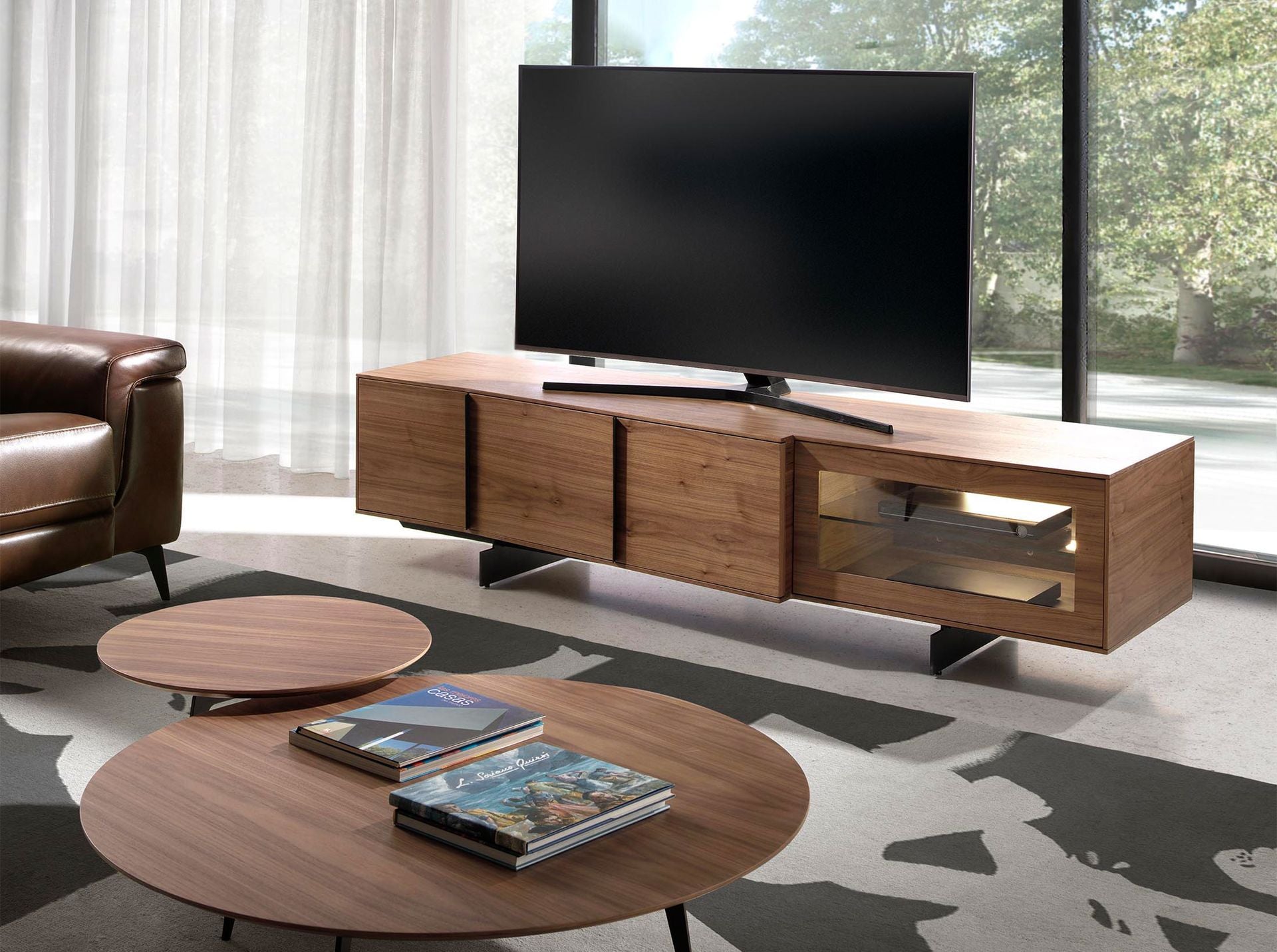 Mobile TV in noce e acciaio nero con illuminazione interna