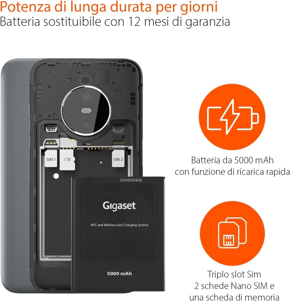 Gigaset GX6 Lo Smartphone Robusto 5G - Standard Militare Polvere e Impermeabilità IP68, Display FHD+ da 6,6", Gorilla Glass, 128GB+6GB RAM - 50MP, Ricarica Rapida, capacità di Android 14, Grigio