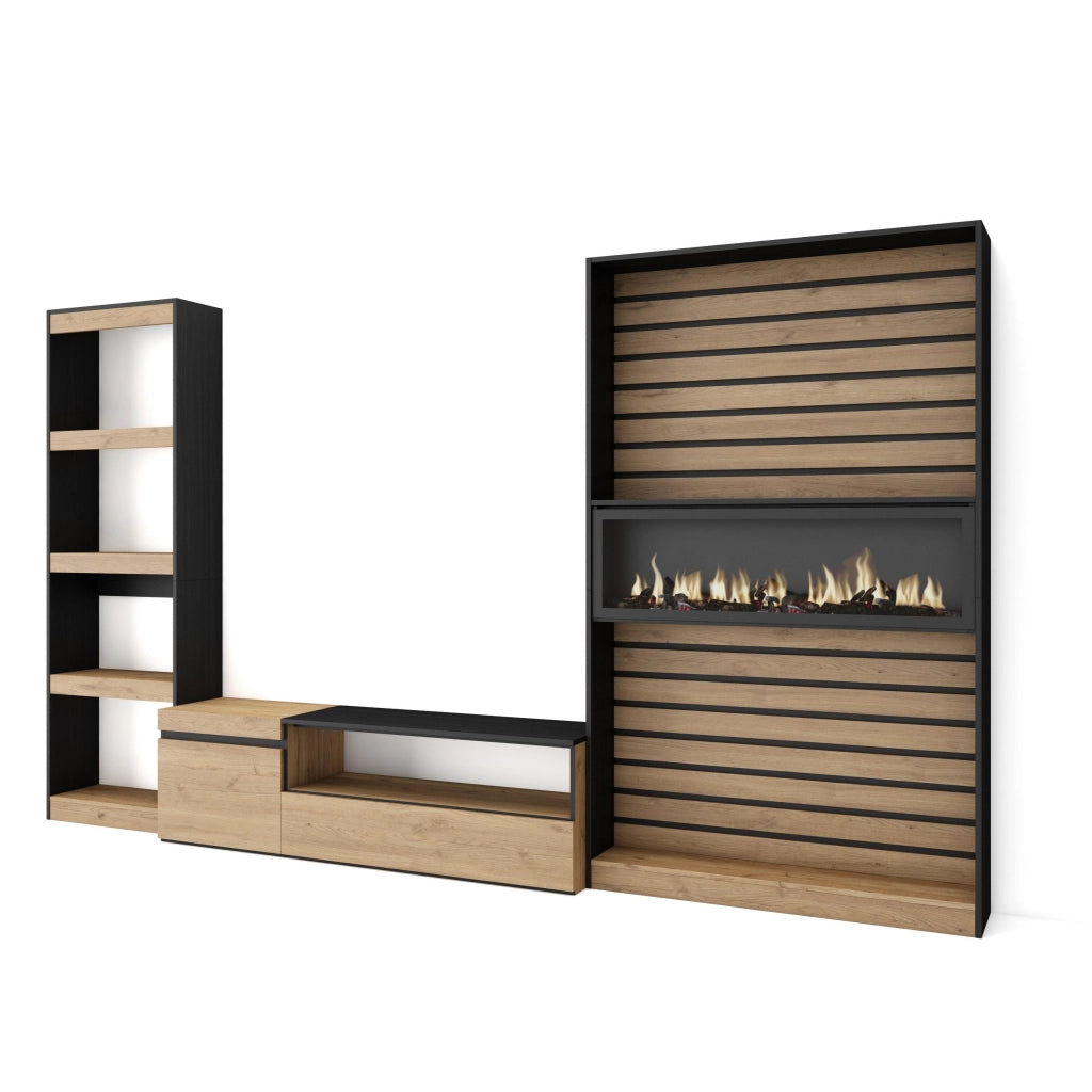 Mobile TV, Soggiorno, 320x35x186cm, Camino elettrico, colore Rovere e nero RF2599