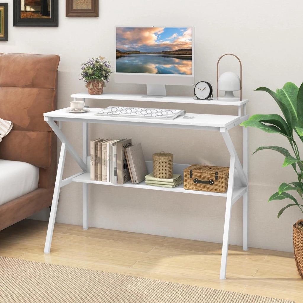 Scrivania Salvaspazio per Computer, Scrivania con Struttura Metallica, Supporto per Monitor, Gancio Pendente e Ripiano, Scrivania Versatile a Forma di R per Ufficio e Casa