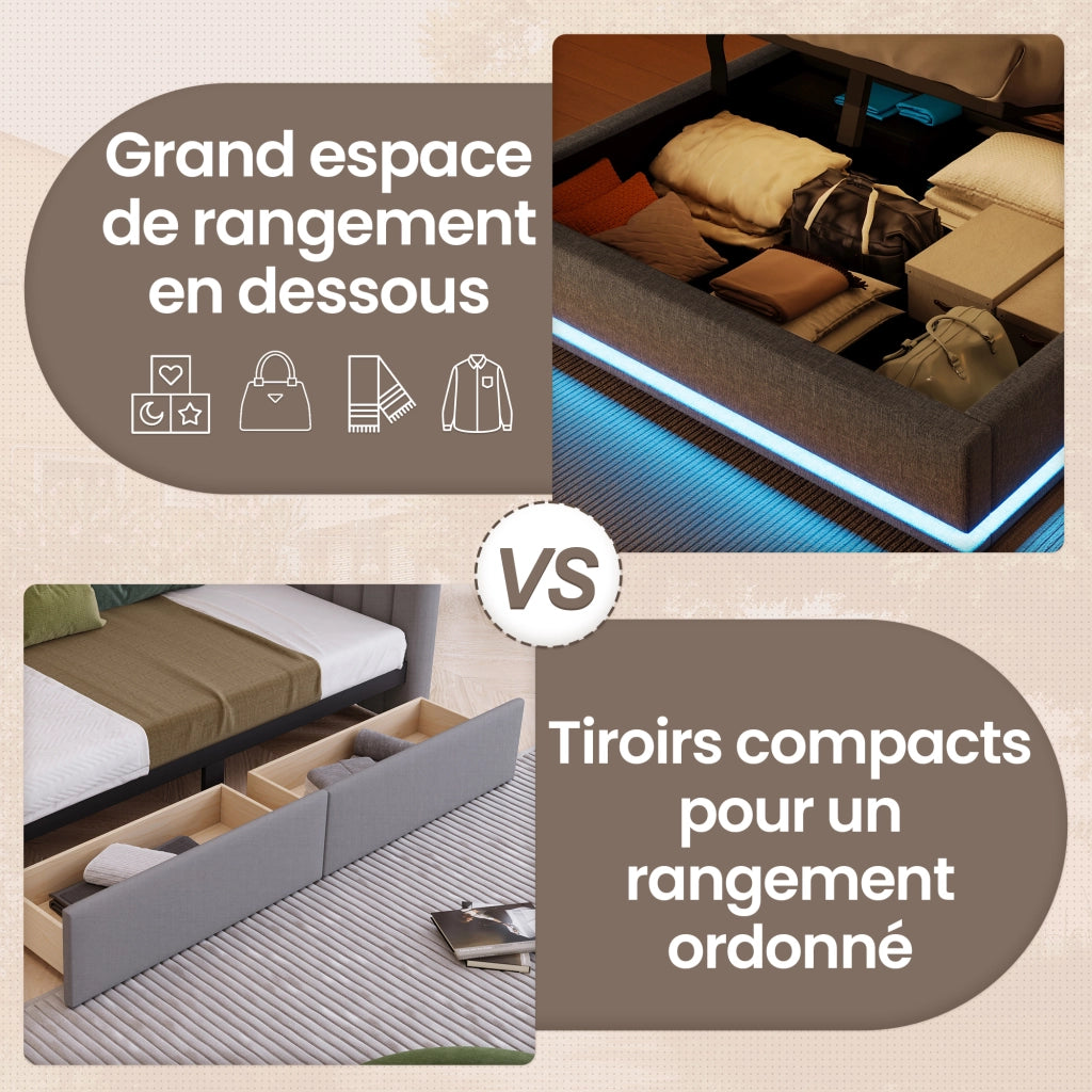 Letto Contenitore 140 x 200 cm; 2 Posti; USB; Type-C e LED; in Lino; Grigio