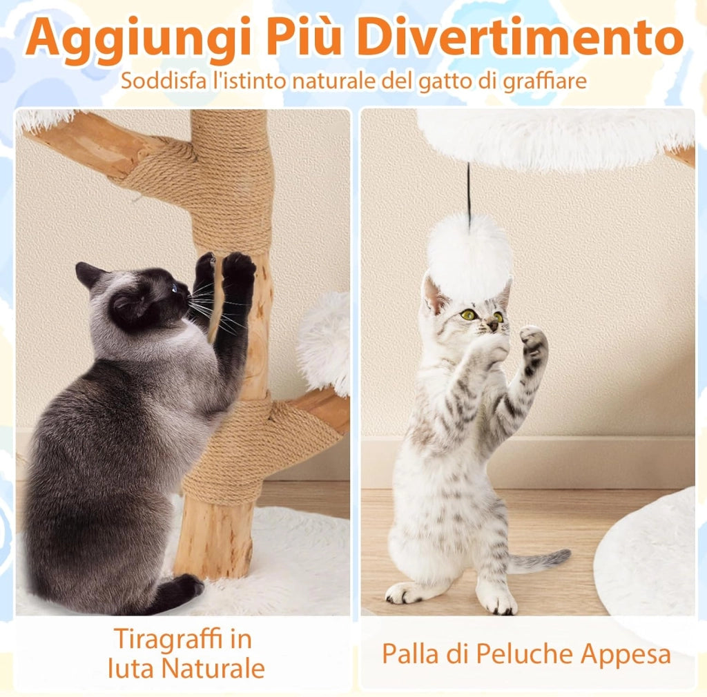 Albero per Gatti 90 cm, Torre per Gatti in Legno con Piattaforma in Tessuto in Pile Lungo, Tiragraffi in Juta e Pallina Pendente, Cuccia per Animali Domestici (Bianco)
