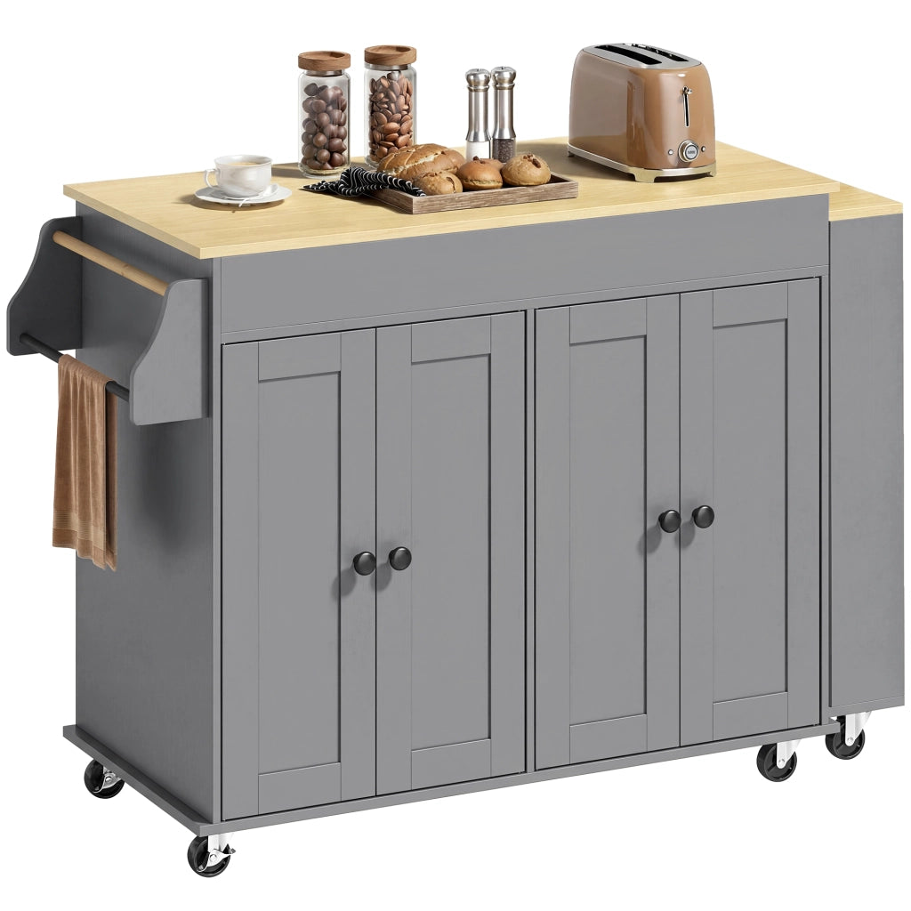 Carrello da Cucina con Ruote ¨C Xylo ¨C Piano Estensibile, 4 Ante, Ripiani Regolabili, Grigio