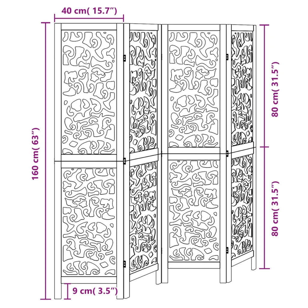 vidaXL Divisorio Ambienti 4 Pannelli Nero Legno Massello di Paulownia