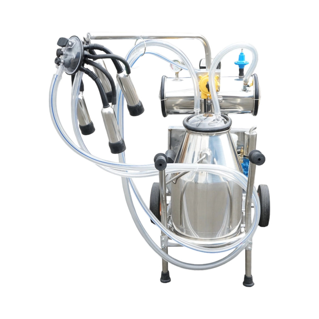 Dispositivo per mungitura di mucche, 1 postazione, 750W, 220V, bidone in acciaio inox da 25L, gruppo di mungitura con 4 manicotti, pressione del vuoto 40-50 kPa, pulsazioni 60-80 cpm.