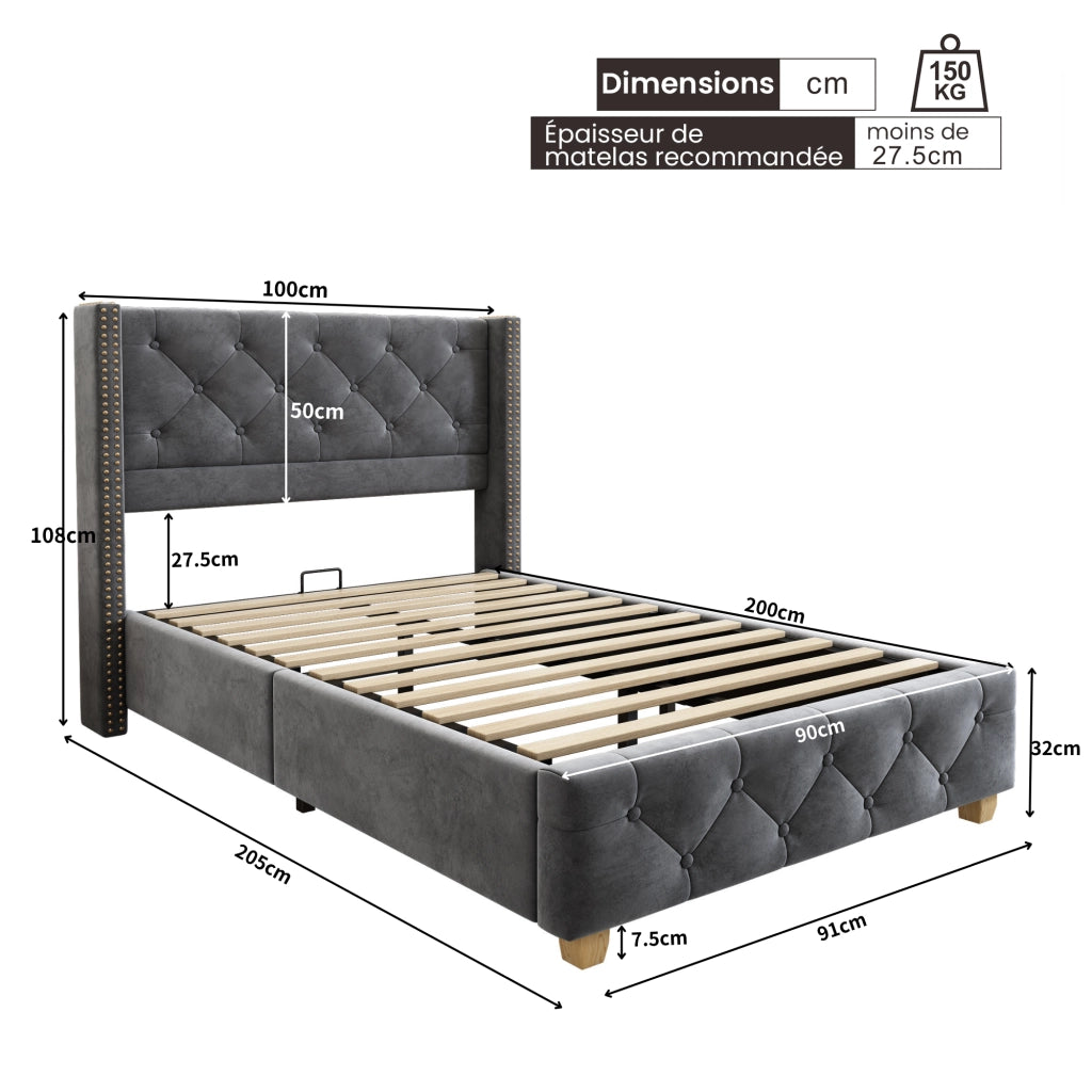 Letto Singolo 90 x 200 cm con Testiera Imbottita; Borchie Decorative e Piedini in Legno; senza Materasso; Grigio
