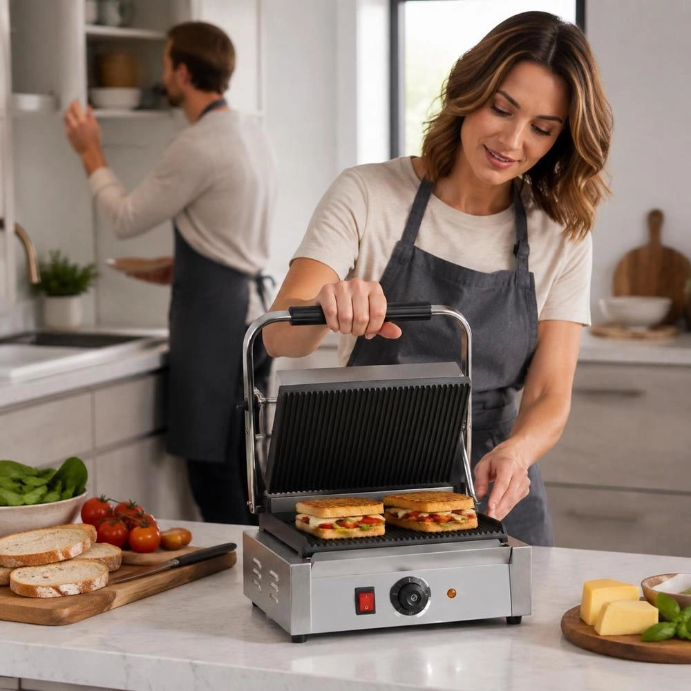 Commercial Panini Grill, Contact Grill 2200 W For Sandwiches, Steak, Bacon, Hamburgers, Sandwich Maker, Stainless Steel Press Grill With Handle, Temperature Control, And 34 X 23 Cm Heating Plate, Panini Press