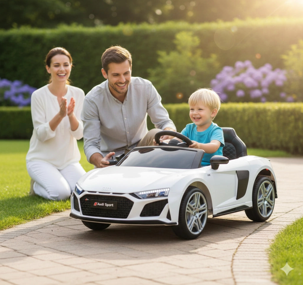 Macchina Elettrica per Bambini 12V Licenza Ufficiale Audi R8 New Spyder con Telecomando e Sedile in pelle Bianco