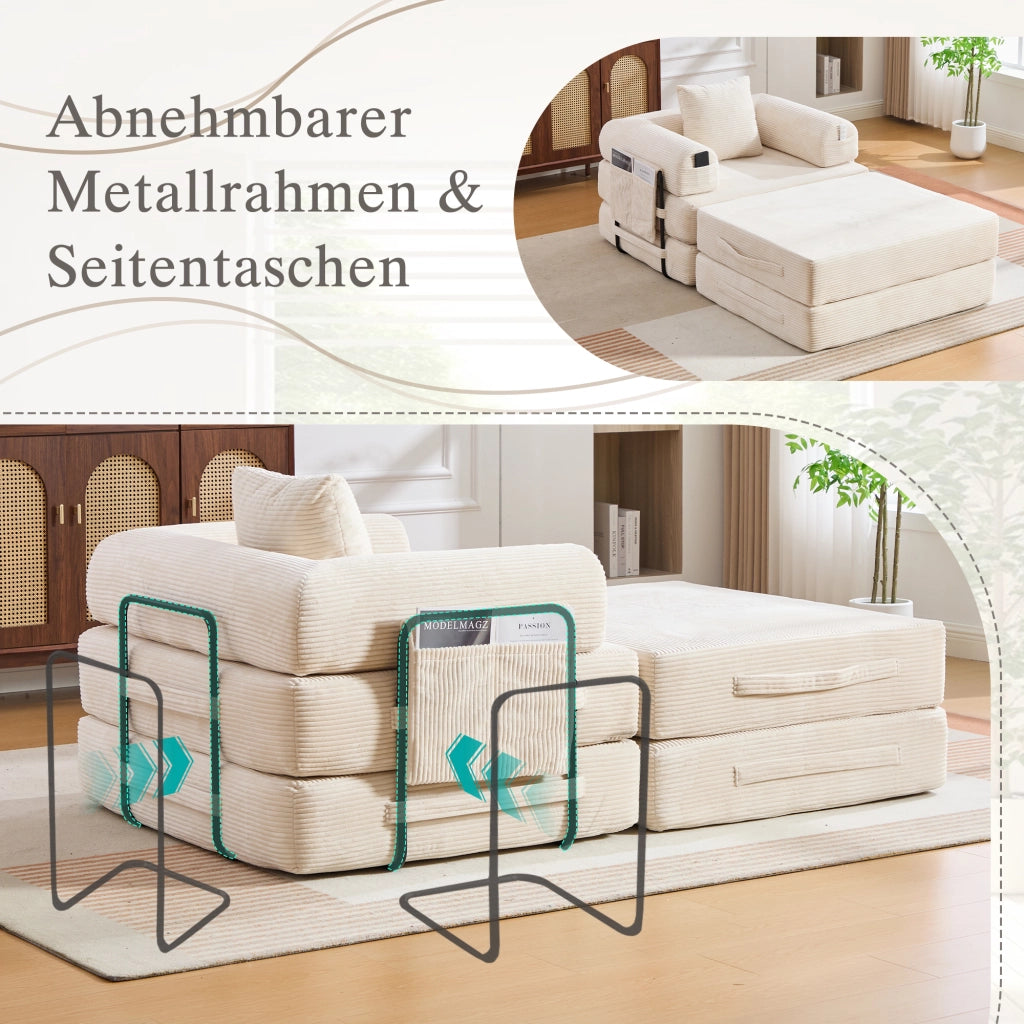Divano Modulare con Pouf, con Tasca Laterale e Cuscino, in Velluto a coste, Beige