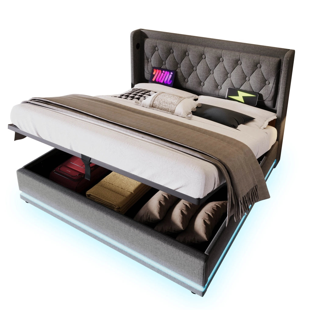 Letto matrimoniale 140x200 cm grigio in cotone con vano contenitore idraulico, LED e USB-C