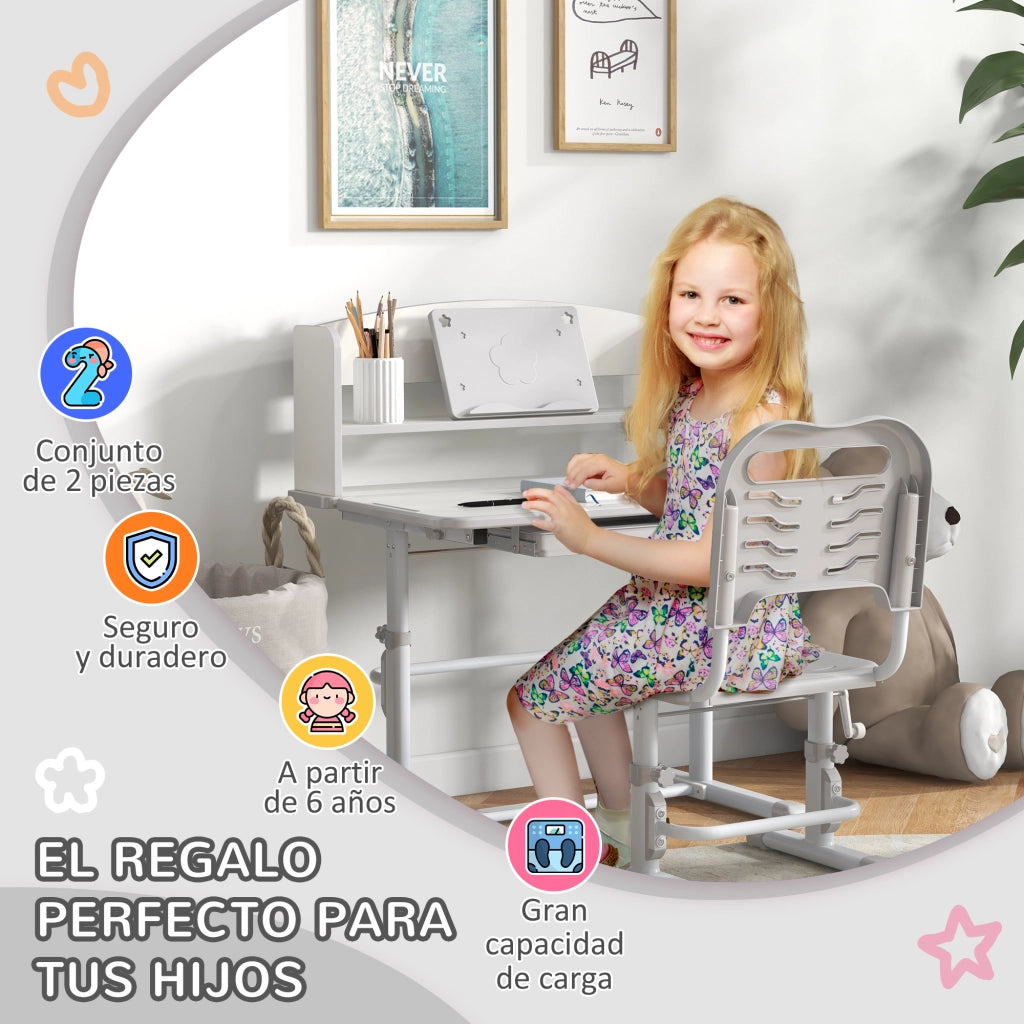 Scrivania per Bambini con Cassetto e Ripiano ¨C Zephmum ¨C Grigio e Bianco 80x54,5x82-104 cm