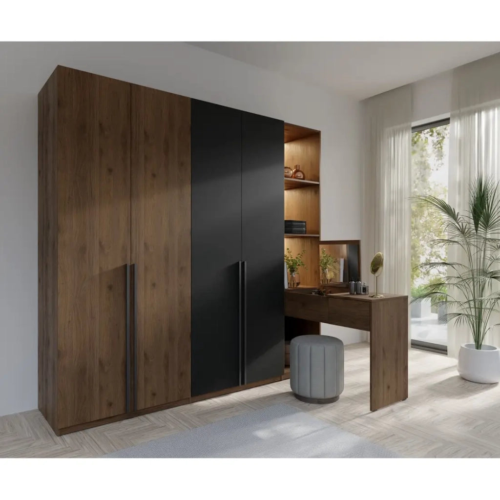 Armadio 4 porte con toeletta integrata NORVIK - Noce e nero - Specchio, LED e compartimenti inclusi